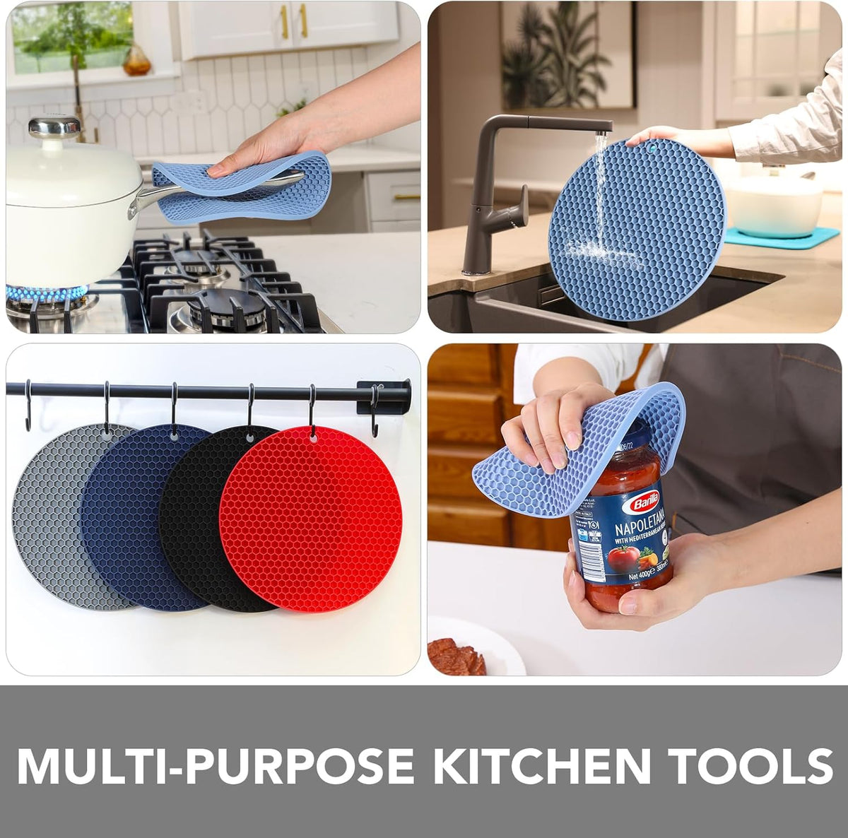 Joyhalo Trivets for Hot Dishes - Hot Pads for Kitchen, Silicone Pot Holders for Hot Pots and Pans, Silicone Mats for Kitchen Countertops, Table, Flexible Easy to Wash and Dry, Blue