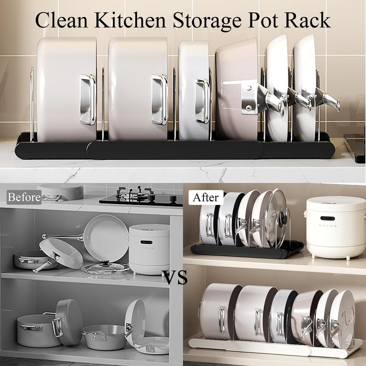 Pot Rack : Pots and Pans Organizer Under Cabinet 7 Adjustable Compartment Expandable Pot Lid Holder for Kitchen Cookware, Bakeware, Lid, Dishes, Cutting Boards,Black