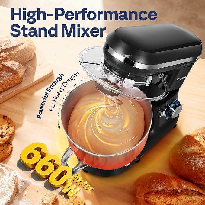 VIVOHOME Stand Mixer, 660W 10 Speed 6 Quart Tilt-Head Kitchen Electric Food Mixer with Beater, Dough Hook, Wire Whip and Egg Separator, Black