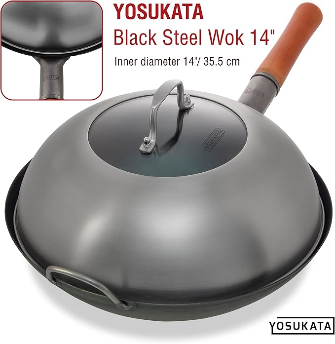 YOSUKATA Wok Lid 13.6 Inch - Premium Stainless Cover with Tempered Glass Insert Steam Holes - Dishwasher-Safe Lid for 14-Inch Wok - Chees Melting Dome for Griddle
