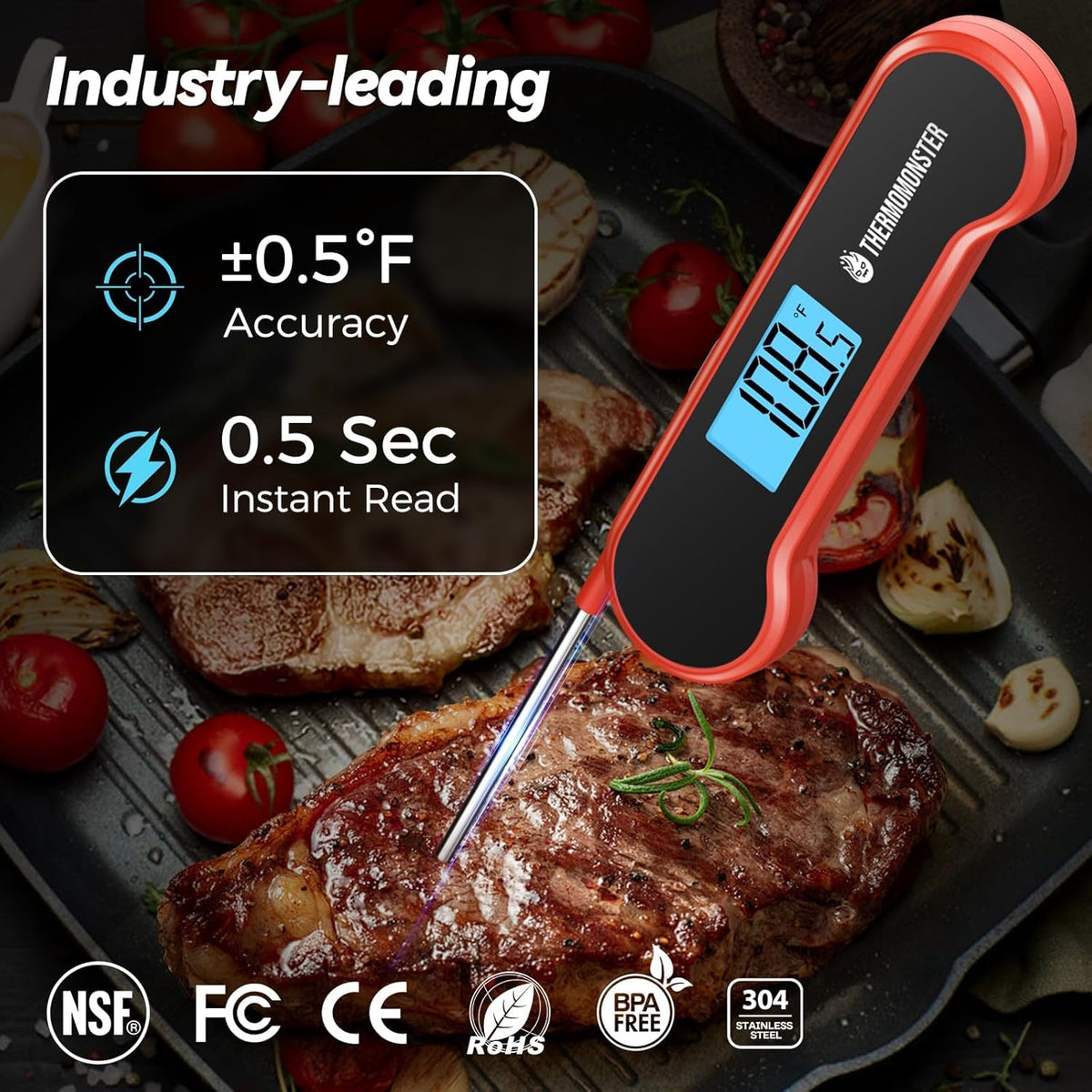0.5 Sec Instant Read Meat Thermometer Digital with ±0.5℉ Precision, Food Thermometer for Cooking Kitchen Gadgets, Oven Grill Candy BBQ Essentials Accessories, Gifts for Him Dad Men Birthday, Red