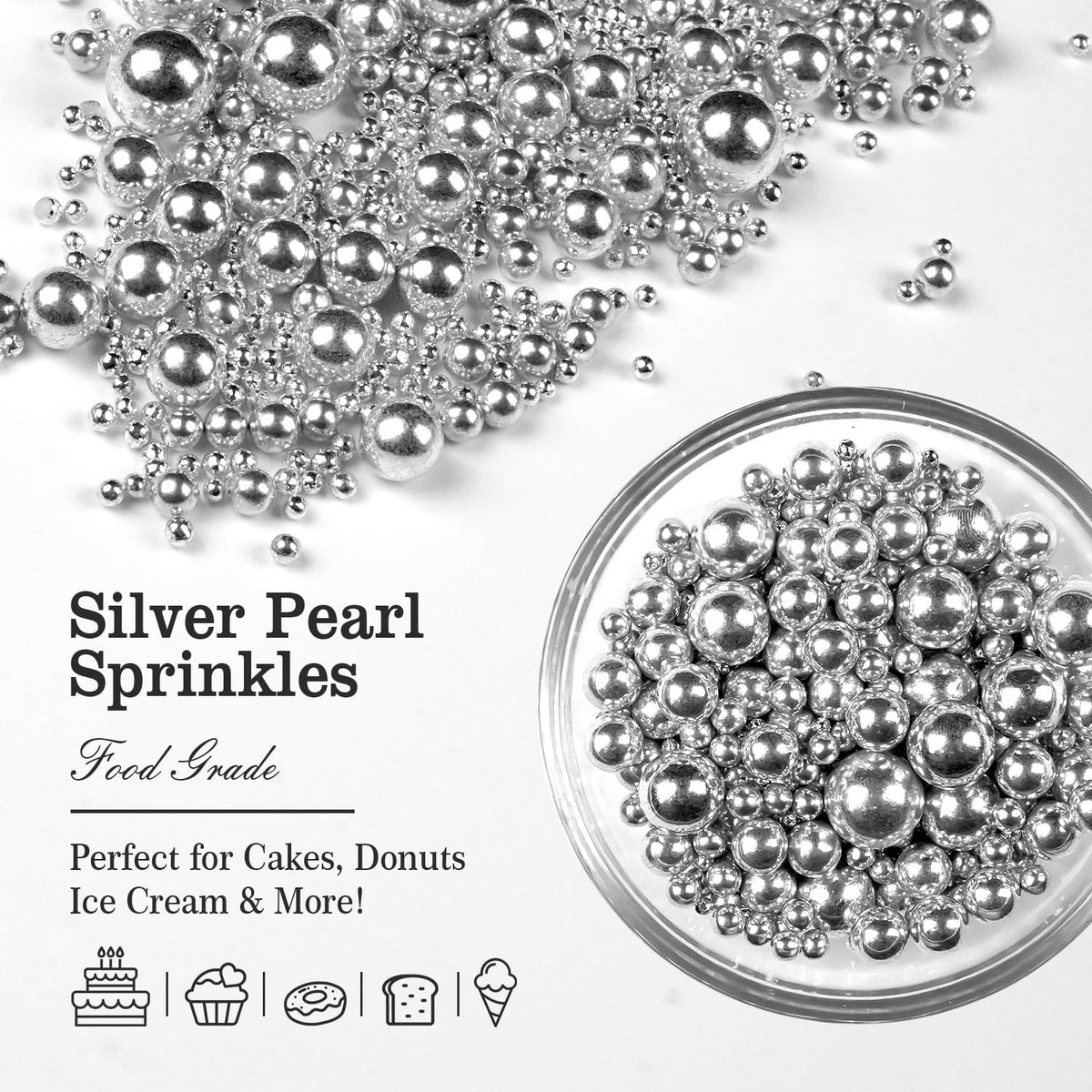 Silver Pearl Sugar Sprinkles for Cake Decorating, 150g/5.29oz Mix Size, Edible Candy Pearls, Cake Decorations, Cupcakes & Cake Toppers, Holiday, Wedding Party, Easter, Christmas Supplies
