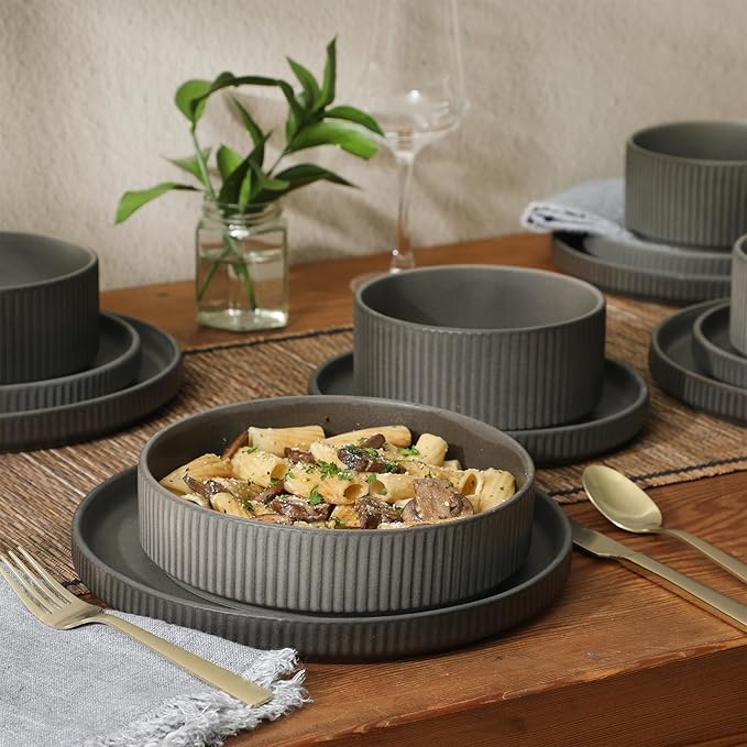 Gibson Elite Deerfield 16-Piece Stoneware Dinnerware Set – Soft Grey Reactive Glaze, Stackable Plates and Bowls, Service for 4 – Microwave & Dishwasher Safe
