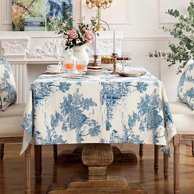 patdrea Designer Vintage Cyan Tablecloth for Rectangle Table,Linen Ancient Castle and Manor Pattern Tablecloths,Table Cover Decor for Kitchen Dining Christmas,Thanksgiving,55"x87"-Lucerne a
