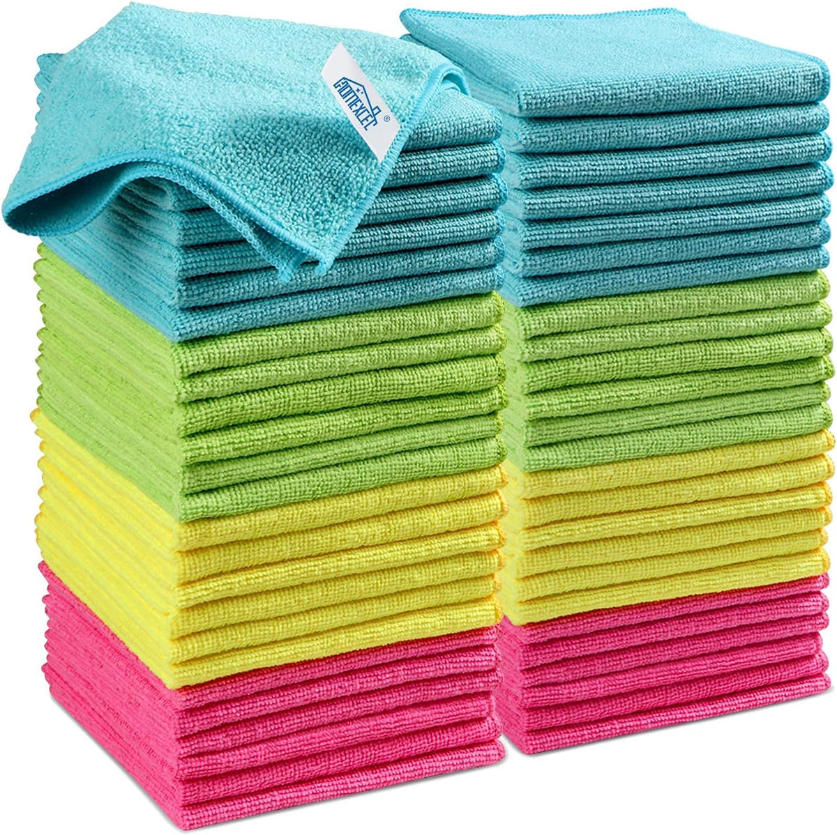 HOMEXCEL Microfiber Cleaning Cloth, 50 Pack Cleaning Rags, Cleaning Towels with 4 Color Assorted, 11.5"X11.5"(Green/Blue/Yellow/Pink)