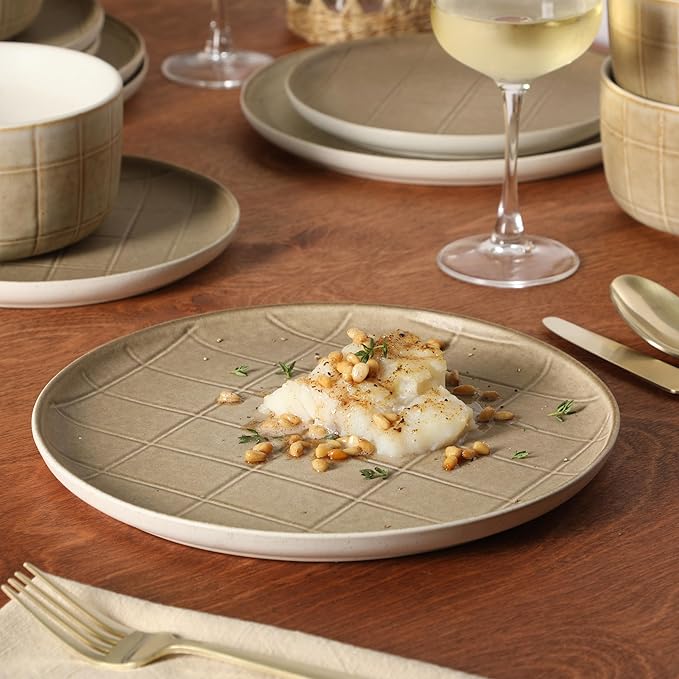 Gisbon Elite Butterwick 12 Piece Plates and Bowls Stoneware Dinnerware Set - Brown Blush Pink Reactive Glaze Patterned Dishes - Microwave and Dishwasher Safe