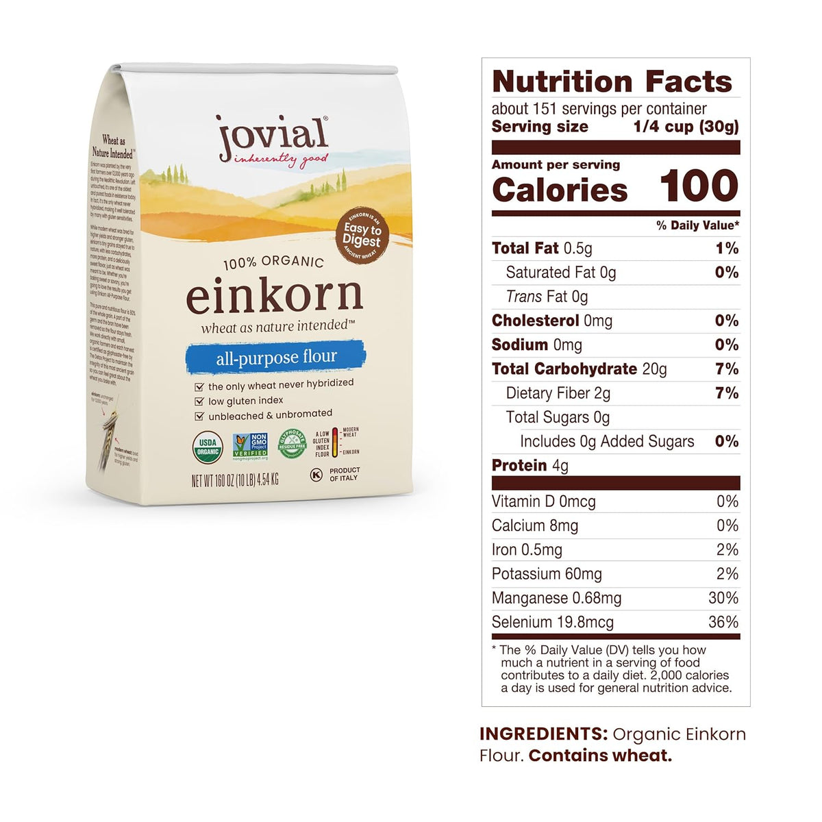 Jovial Organic Einkorn Unbleached All Purpose Flour - For Sourdough Bread Baking, High Protein, Non-GMO, Organic Pizza & Pasta Flour, European Italian, Glyphosate Free - 10 Lb, 2 Pack