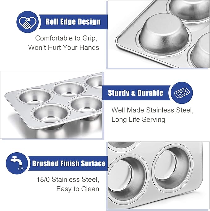 TeamFar Muffin Pan, 6 Cup Muffin Pan for Baking, Cupcake Pan Muffin Tin Tray Set Stainless Steel for Making Cakes Cornbread Quiche and More, Healthy & Durable, Oven & Dishwasher Safe