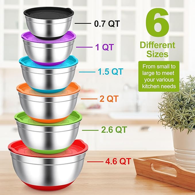 TeamFar Mixing Bowls, Stainless Steel Mixing Bowls with Lids, Nesting Salad Bowls with Air-tight Lids & Non-slip Bottom, Dishwasher Safe & Stackable, Set of 6-4.6/2.6/2 / 1.5/1 / 0.7 Qt