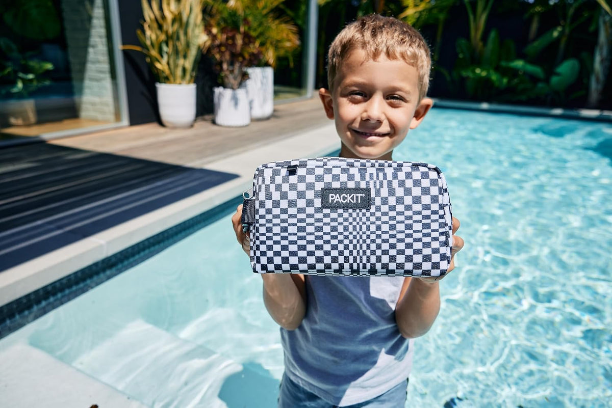 PackIt Freezable Classic Lunch Box, Checked Out, Built with EcoFreeze Technology, Collapsible, Reusable, Zip Closure With Zip Front Pocket and Buckle Handle, Perfect for School Lunches