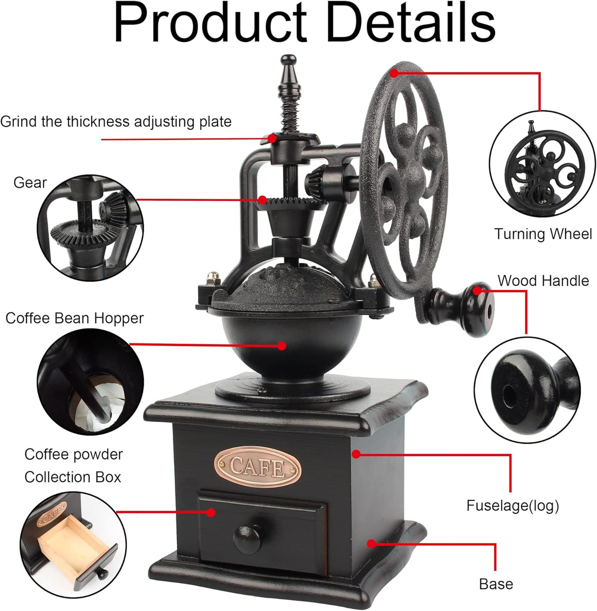 Coffee Grinder,Wooden Coffee Bean Grinder Manual Coffee Grinder Roller, Antique Coffee Mill with Cast Iron Hand Crank for Making Mesh Coffee, Decoration, Best Gift (Black (four deformation base))