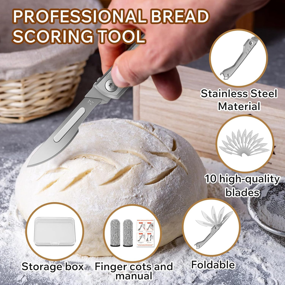 Bread Lame Dough Scoring Tool – Multi-Purpose Scoring Knife, Folding Bread Scorer Tool for Sourdough & Bread Baking with 10 Bread Razor Blades （Grey）