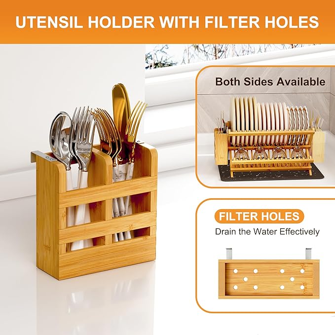 Greenual Bamboo Dish Drying Rack with Utensil Holder, 2 Tier Collapsible Dish Rack, Wooden Dish Racks for Kitchen Counter, Folding Drying Holder with Absorbent Dish Drying Mat