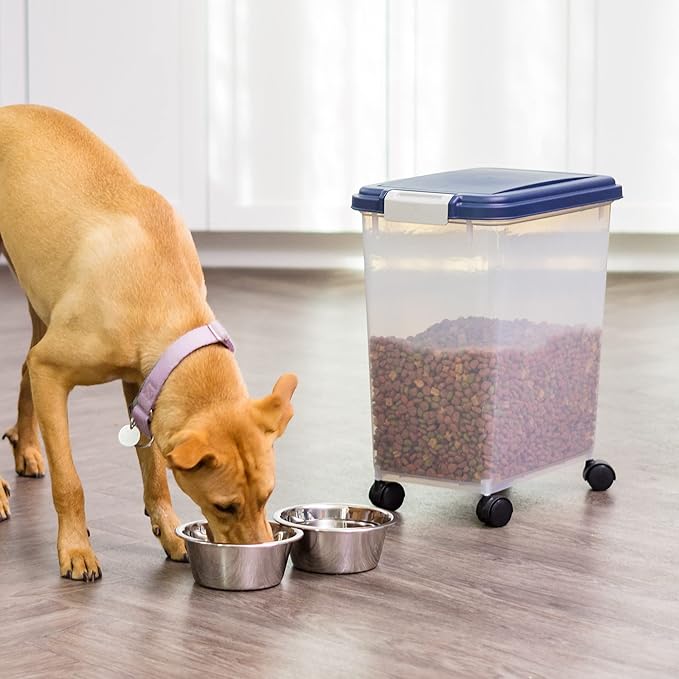 IRIS USA 30 Lbs / 33 Qt WeatherPro Airtight Pet Food Storage Container with Attachable Casters, For Dog Cat Bird and Other Pet Food Storage Bin, Keep Fresh, Translucent Body, Easy Mobility, Navy