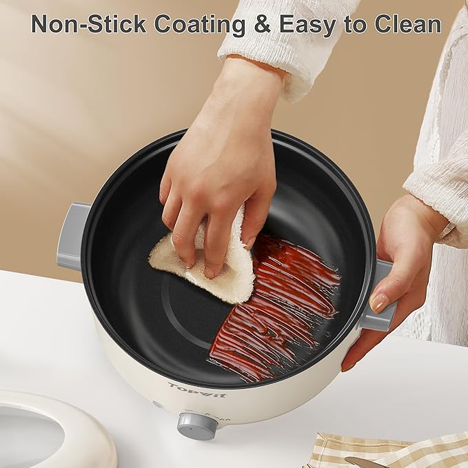 TOPWIT Electric Pot, 3L Hot Pot Electric, Rapid Noodles Cooker, Non-Stick Frying Pan, Multifunctional Electric Hot Pot for Steak, Egg, Ramen, Soup, Shabu Shabu Pot for Camping, RVs, Party, Beige