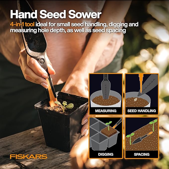 Fiskars Vegetable Garden Tool Set with Vegetable Shears, Seed Sower, Trowel, Cultivator, Weeder, and L/XL Garden Gloves for Indoor or Outdoor Gardening (6 Piece Kit)