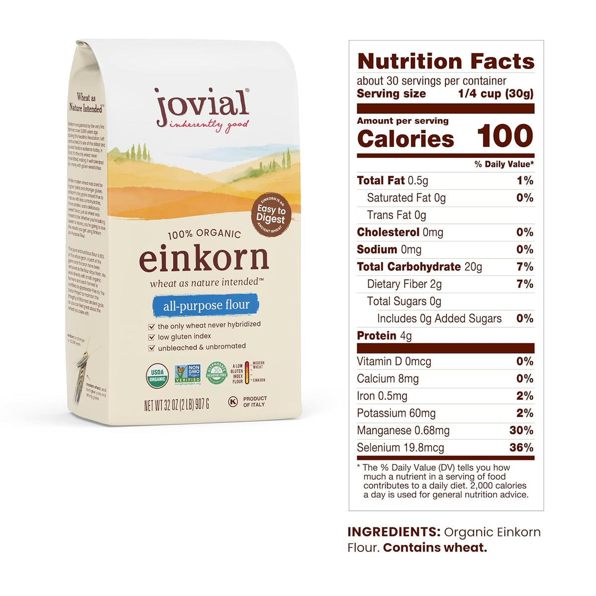 Jovial Organic Einkorn Unbleached All Purpose Flour - Bread Baking Flour for Sourdough, High Protein, Non-GMO, Organic Pizza & Pasta, European Italian, Glyphosate Free - 32 Oz, 2 Pack