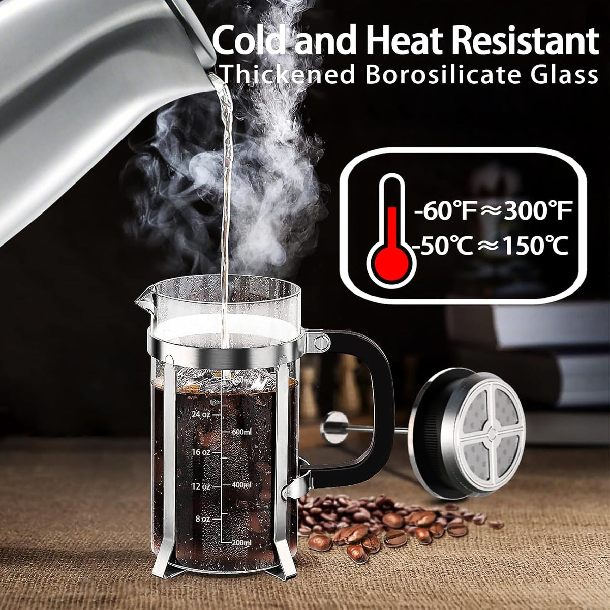 French Press Coffee Maker 304 Stainless Steel Coffee Press,with 4 Filters System, Heat Resistant Thickness Borosilicate French Press Glass, BPA-Free Brewed Tea Pot Coffee Plunger
