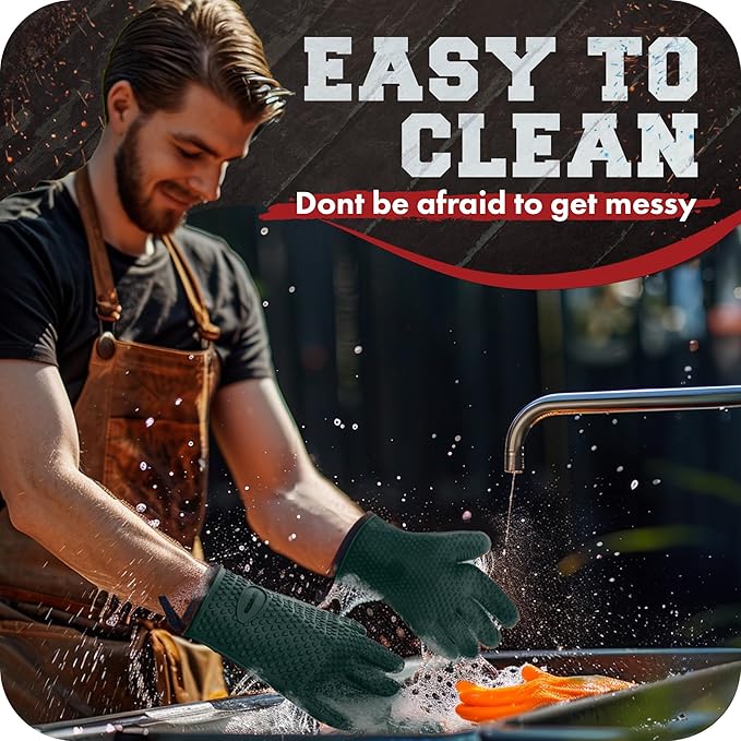 KITCHEN PERFECTION S Silicone Smoker Oven Gloves -Extreme Heat Resistant BBQ Gloves -Handle Hot Food Right on Your Grill Fryer Pit|Waterproof Oven Mitts |Superior Value Set+3 Bonuses