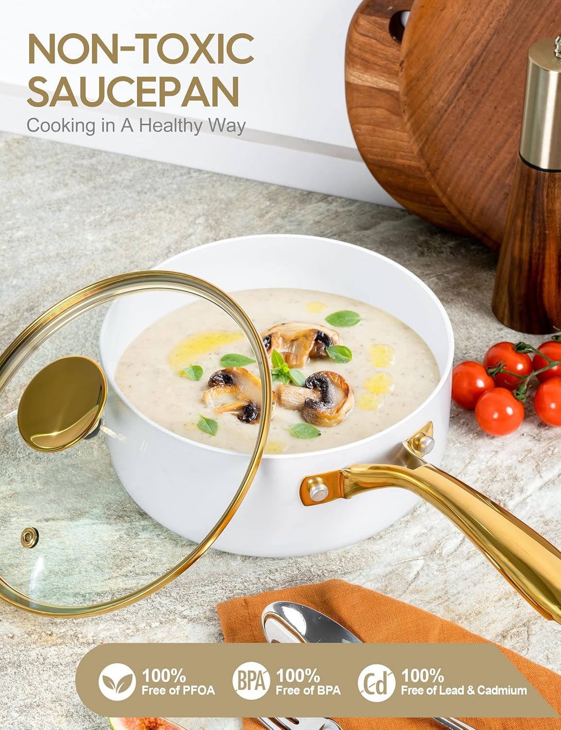 MICHELANGELO 2 Quart Saucepan with Lid, Nonstick Ceramic Sauce Pan with Ergonomic Handle, 2 Qt Small Pot, Oven-Safe, Induction-Compatible, White