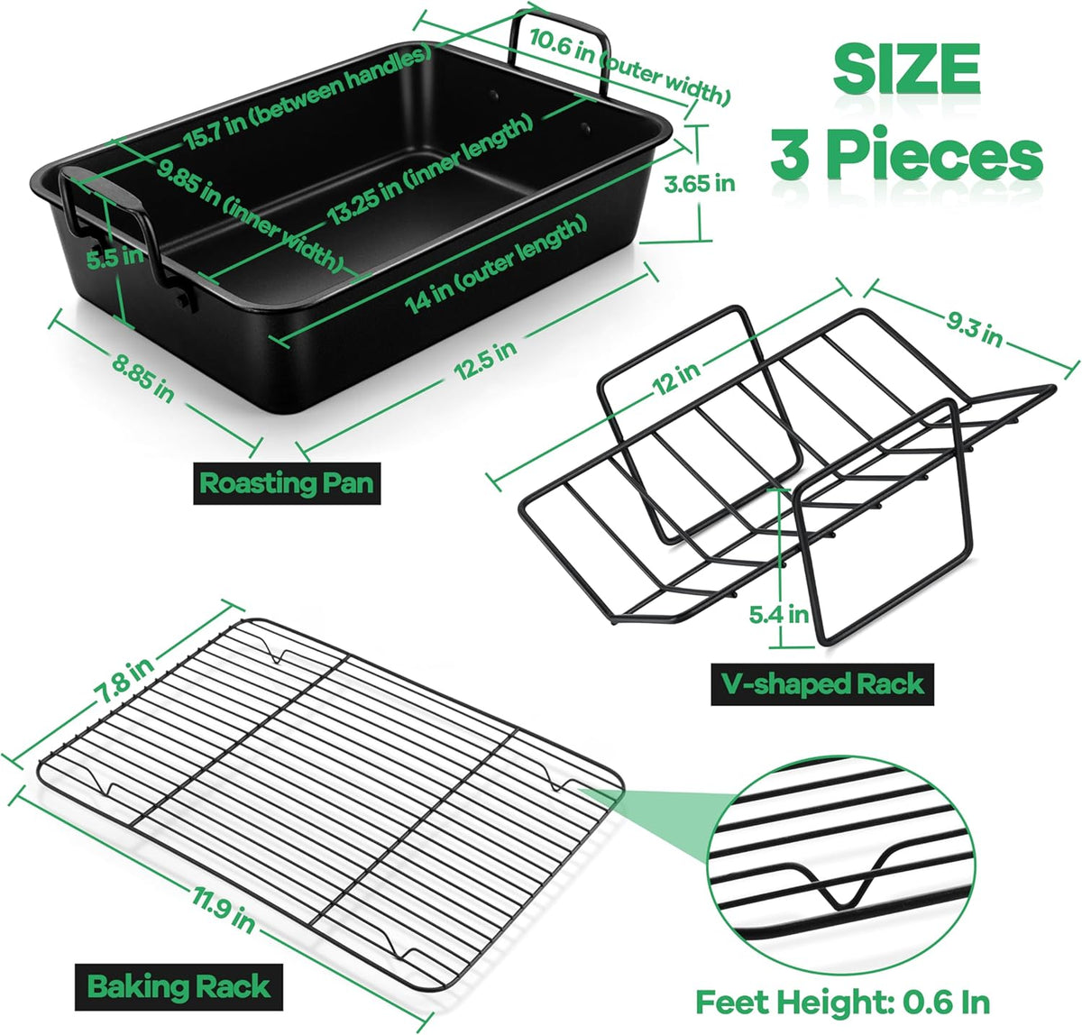 P&P CHEF 14" Roaster Roasting Pan with Baking Rack and V-shaped Rack, Stainless Steel Rectangular Lasagna Pan with Handles for Turkey Chicken, Healthy & Dishwasher Safe, 3 Pieces, Black