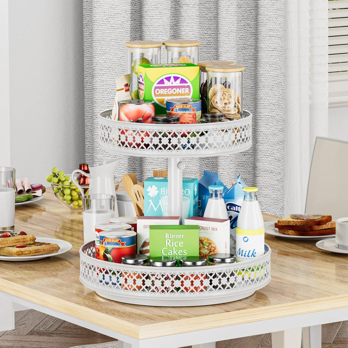 Lazy Susan Organizer 2 Tier - Turntable Spice Rack 12 inch Adjustable Metal Rotating Lazy Susan for Cabinet Pantry Kitchen Countertop Dining Table Cupboard Bathroom Vanity Storage White