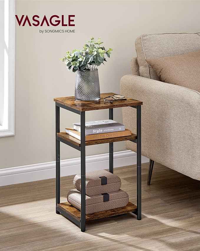 VASAGLE Side Table, Small End Table, Tall Nightstand for Living Room, Bedroom, Office, Bathroom, Rustic Brown and Classic Black ULET273B01