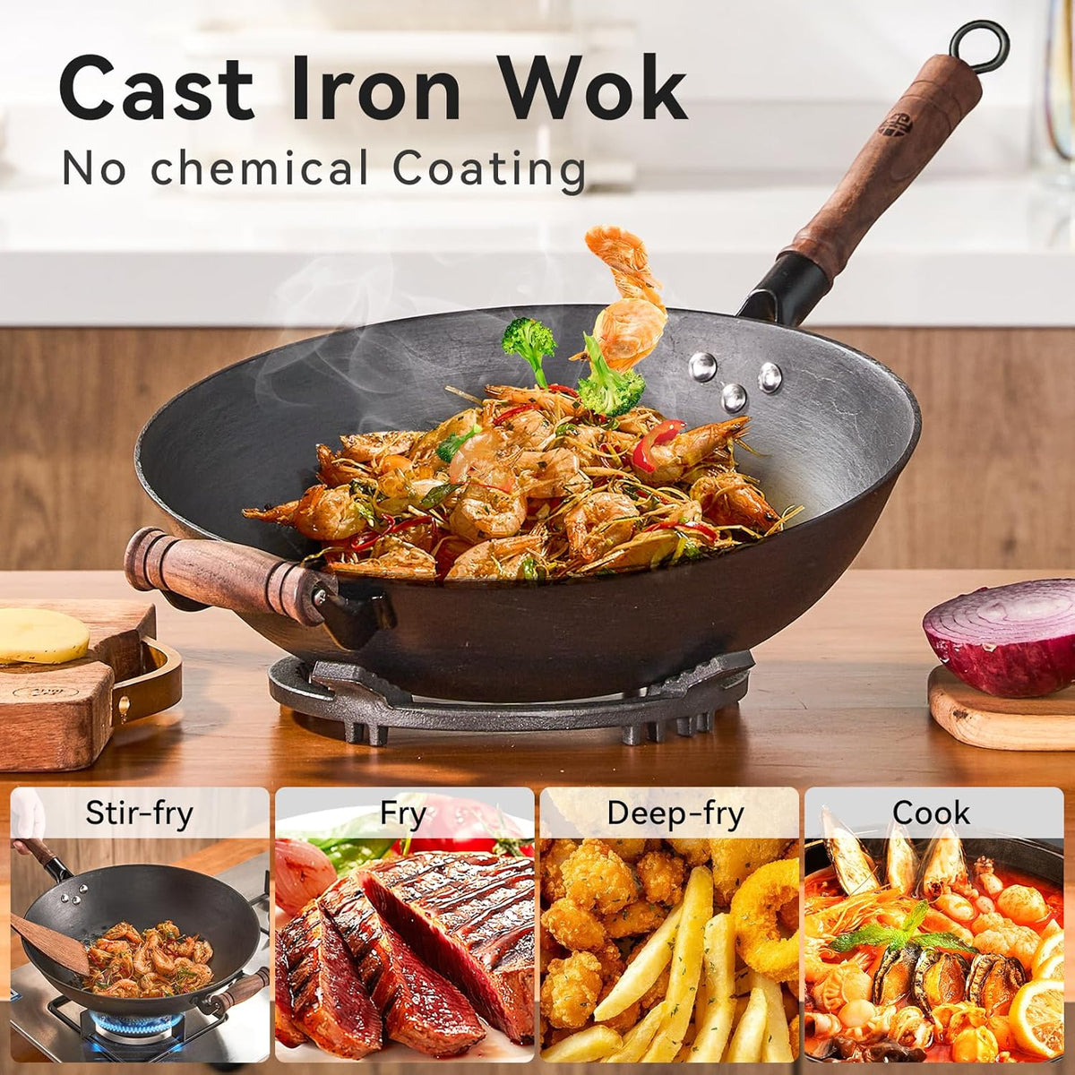 WANGYUANJI 14.2 Inch Cast Iron Wok with Glass Lid – Extra Large Flat Bottom Wok for Stir Fry, Steaming, Braising, Compatible with All Stovetops, Black
