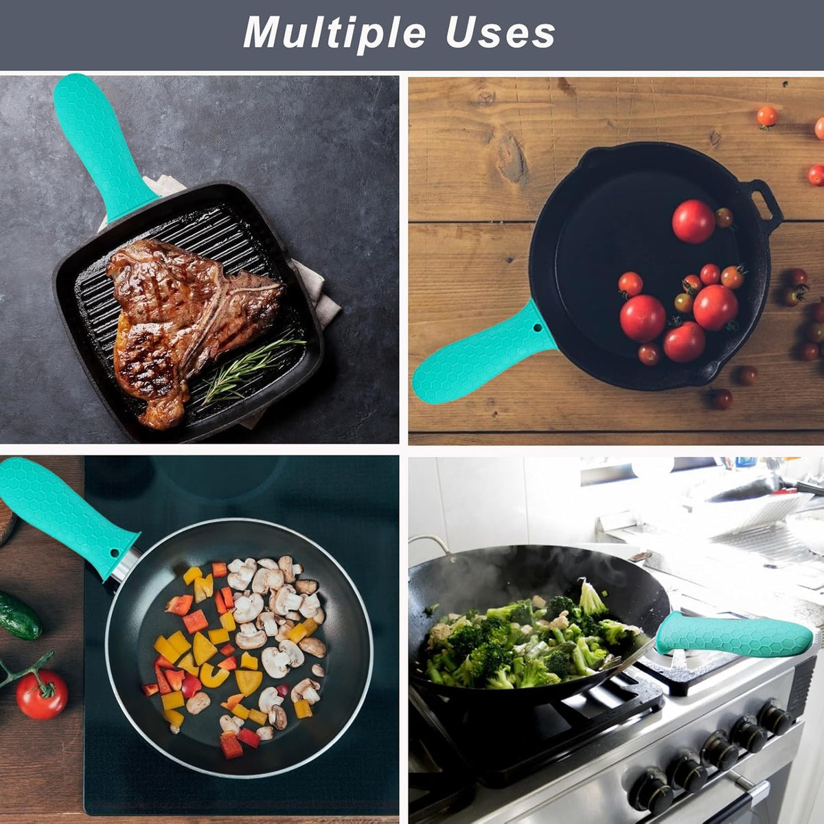 4 Pcs Non-Slip Silicone Hot Handle Holder & Assist Grips, Potholder for Cast Iron Skillets, Heat Resistant Handle Cover Sleeve for Frying Pans, Casserole, Cookware Handles, Lake Blue