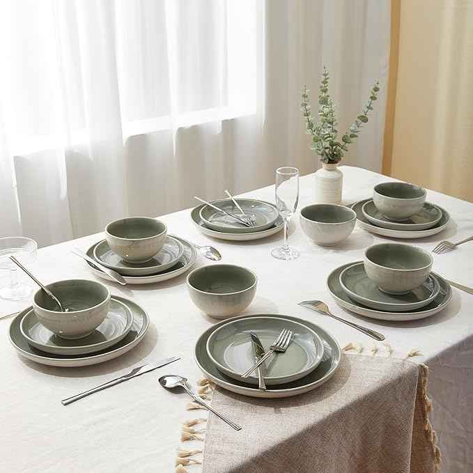 32 Piece Double Bowl Dinnerware Sets with Pasta Bowls, Highly Chip and Crack Resistant Plates and Bowls Sets, Natural Earthyware Ceramic Dishware Sets, Service for 8 Gradient Green