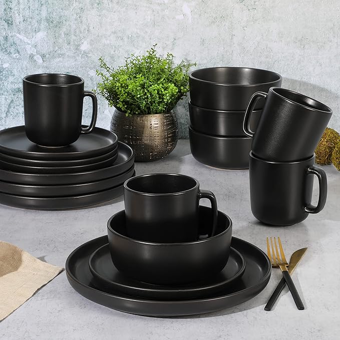 Gibson Home Zuma Stoneware Plates, Bowls, & Mugs Dinnerware Set - Matte Black, Service for Four (16pcs)