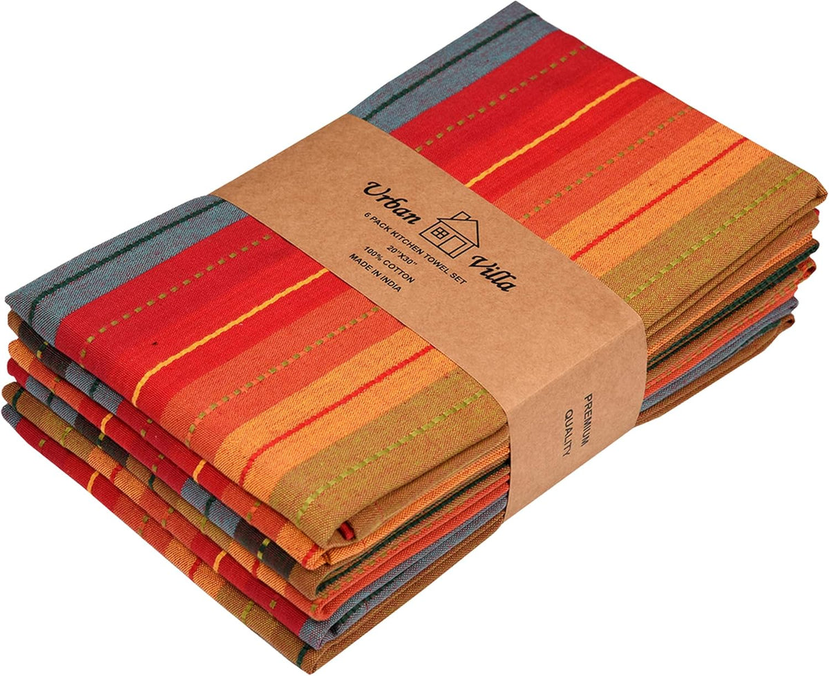 Urban Villa Kitchen Towels Cuisine Stripes Premium Quality 100% Cotton Dish Towels Mitered Corners Ultra Soft (Size: 20X30 Inch) Red Multi Highly Absorbent Bar Towels & Tea Towels - (Set of 6)