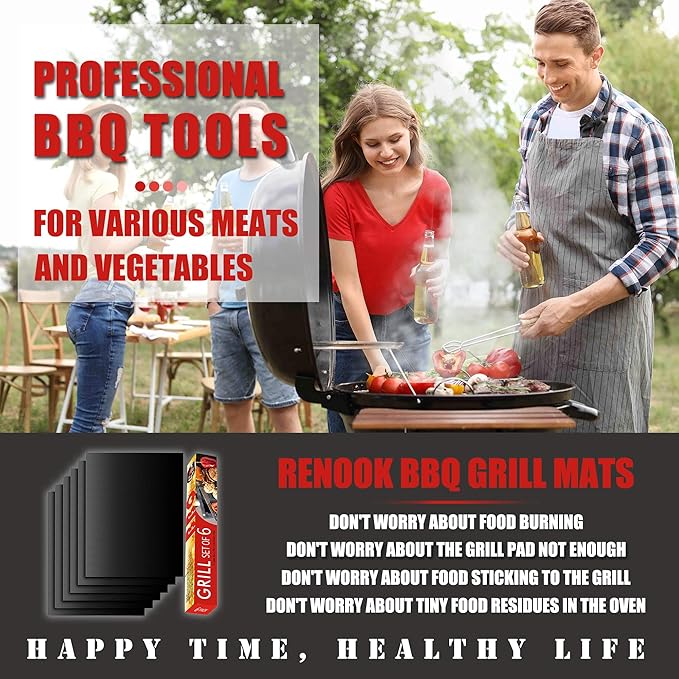 Renook Grill Mat Set of 6-100% Non-Stick Reusable Mats for Gas, Charcoal or Electric Grills - Easy to Clean - 15.75 x 13-Inch, Black