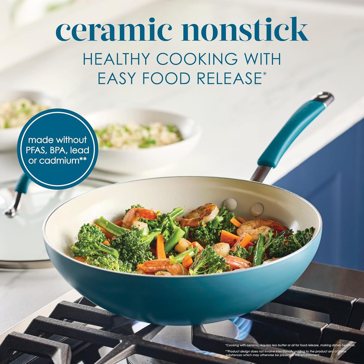 Rachael Ray Cucina Ceramic Nonstick Stir Fry Pan and Lid, 11 Inch Non Stick Wok Pan, Dishwasher Safe - Marine Blue