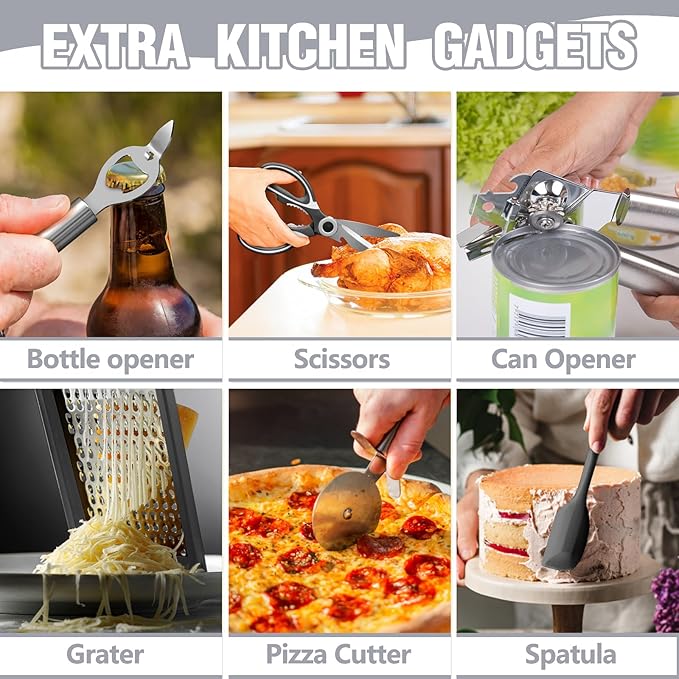 Umite Chef Silicone Kitchen Utensil Set, 34PCS Heat Resistant Kitchen Gadgets and Tools With Grater, Wood Handles for Nonstick Cookware (Dark Gray)