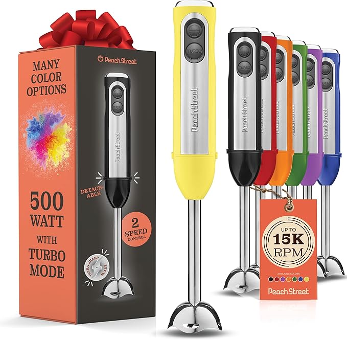 Powerful Immersion Blender, Electric Hand Blender 500 Watt with Turbo Mode, Detachable Base. Handheld Kitchen Gadget Blender Stick for Soup, Smoothie, Puree, Baby Food, 304 Stainless Steel Blades