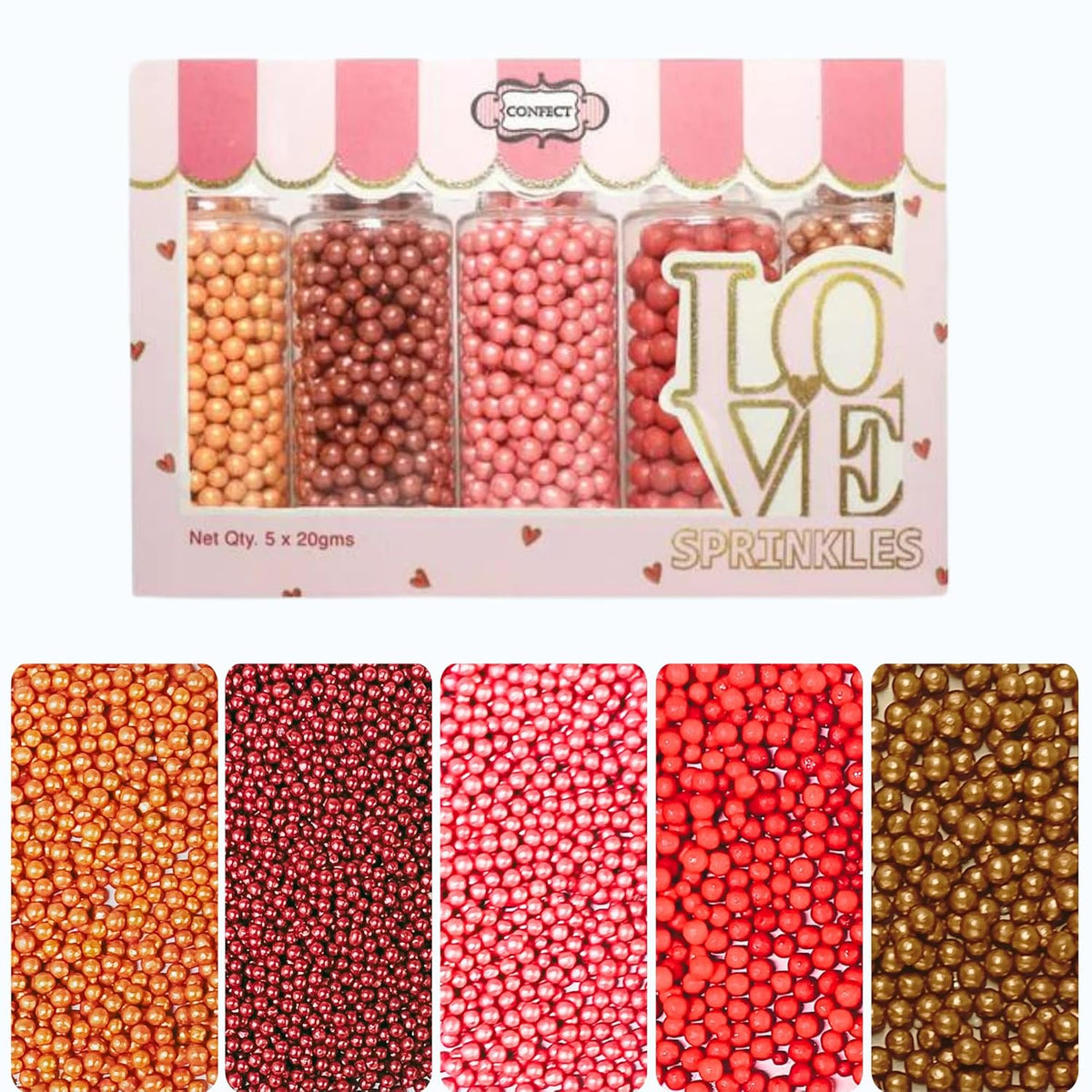 Confect Pearl Sprinkles | Edible Disco Ball Sprinkles for Cakes & Cupcakes Decoration | Pack of 5 Mix Bright Orange, Copper, Pink, Red & Bronze Dragees - Carnival |Vegan, Gluten-Free, Nut-Free, Soy-Free, Dairy-Free, Palm Oil-Free- 5 Oz