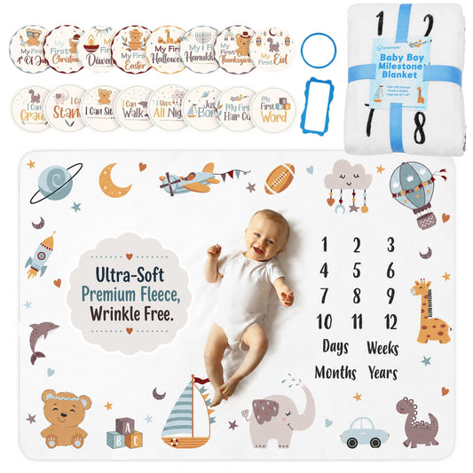 Baby Boy Monthly Milestone Blanket 60x40 - 16 Stickers, Newborn Photo Gift