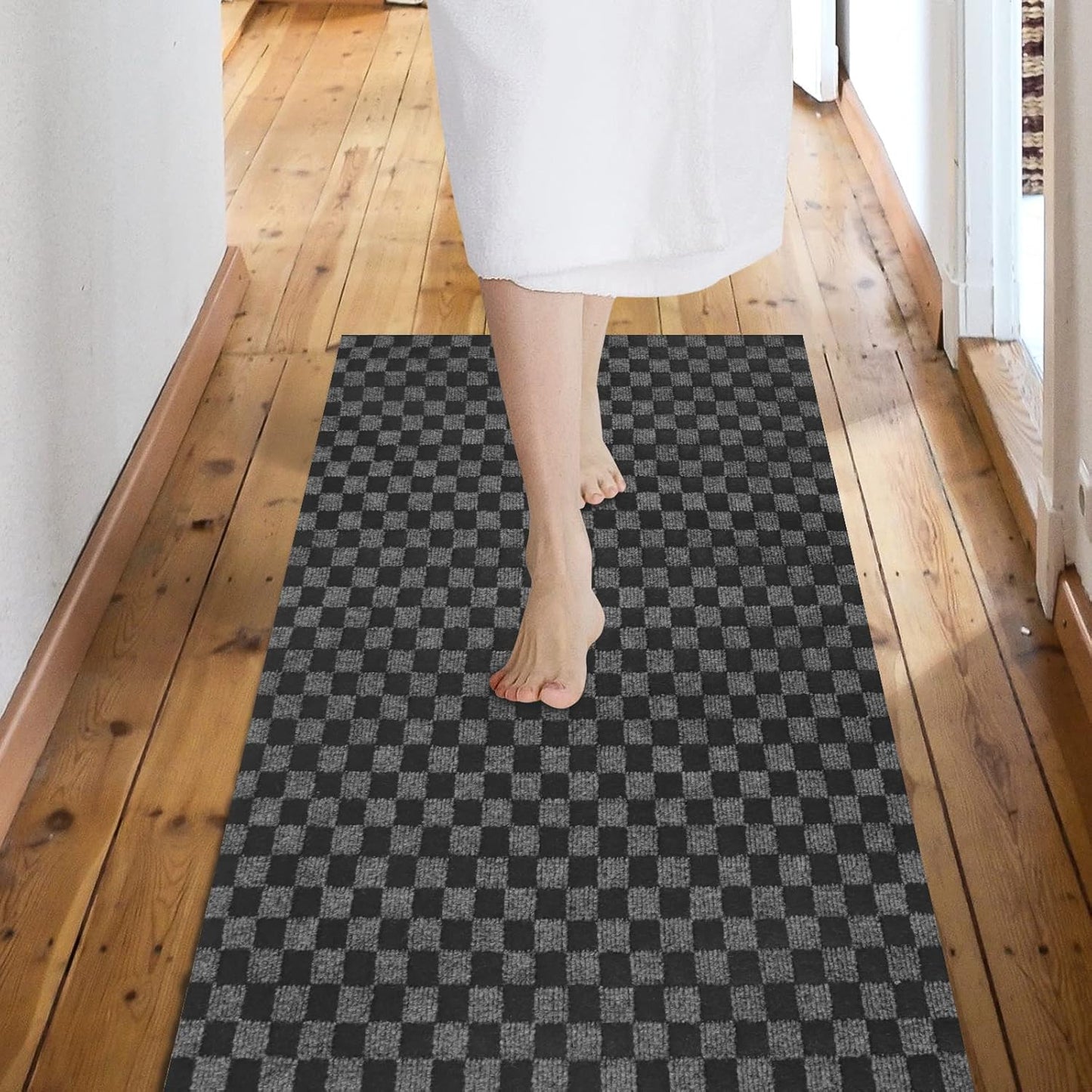 Custom Size Backed Non-Slip Area Rugs Runner, Easy Clean, Waterproof Runner Rugs for Hallway Entryway, Kitchen, Laundry, 4FT x 49FT, Gray Checkered