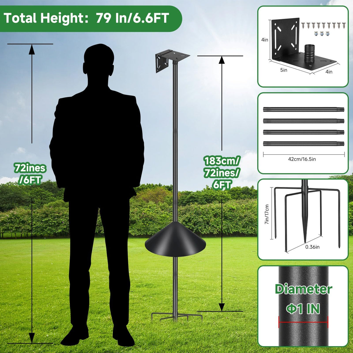 Proerr Smart Bird Feeder Pole Stand 79In,Adjustable Height Metal Bird House Pole for Outdoor Garden with Multiple Mounting Options Round Squirrel Baffle High 79in (79'' Pole&Baffle)