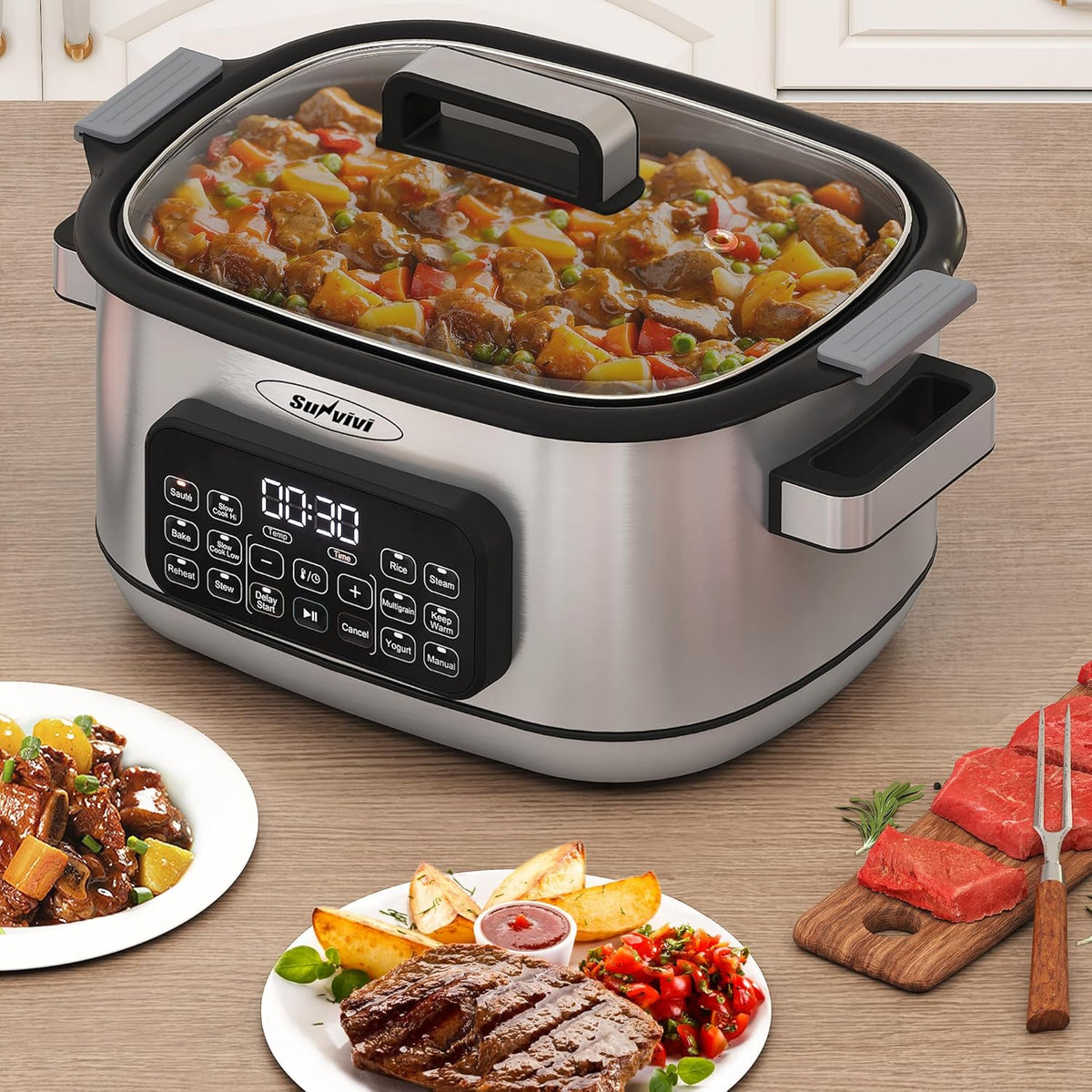 Sunvivi 12-in-1 Multi Slow Cooker Roaster Oven, 6.5QT Sliver Digital Programmable Slow Cooker with Rack, Large Removable Nonstick Crock, Glass Lid, Multicooker with Timer Temp Control, Delay Start
