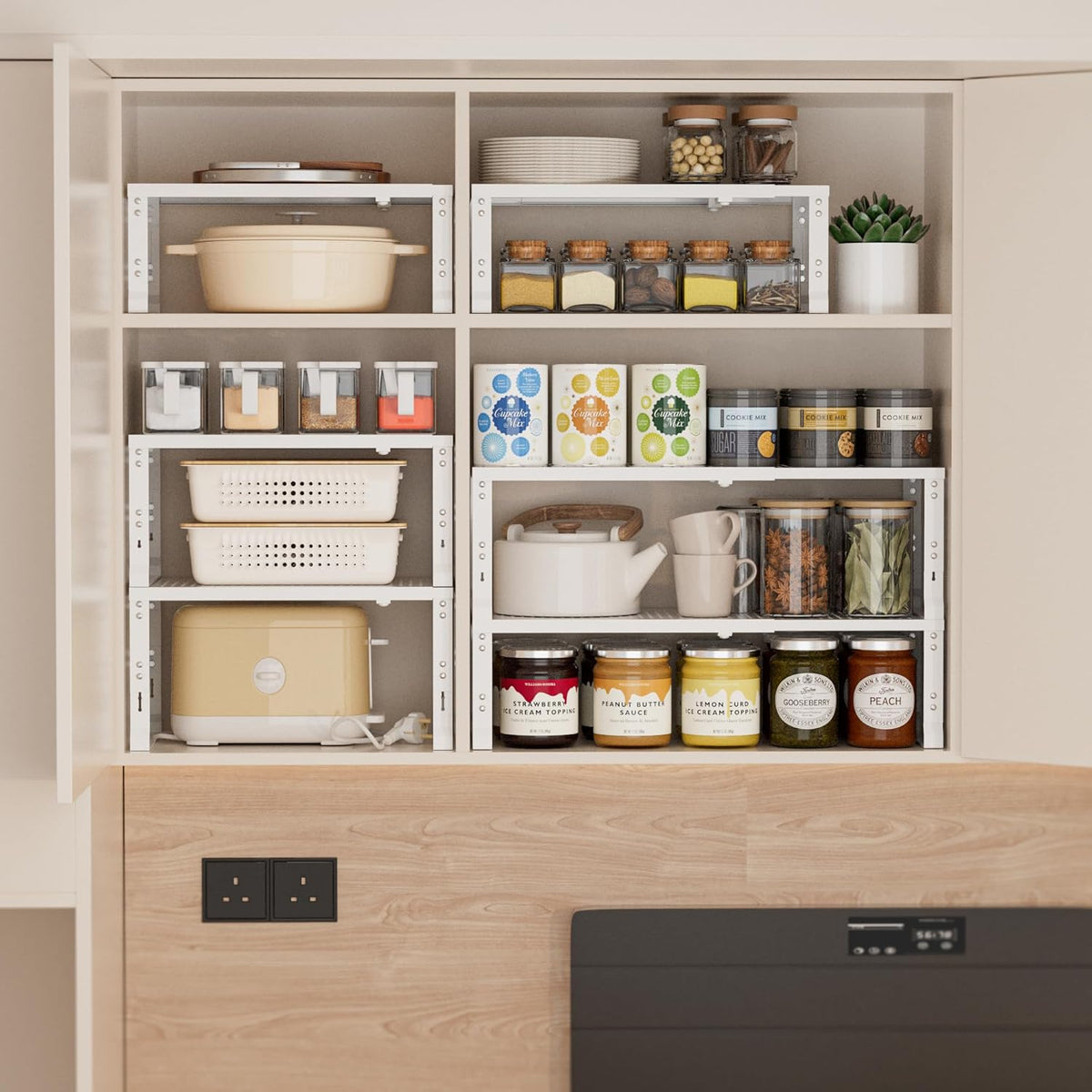 Heavy-Duty Adjustable Metal Shelf Organizer - Expandable & Stackable Pantry Storage Rack for Kitchen, Bathroom, RV, Cabinets(3 Packs/White,Medium)