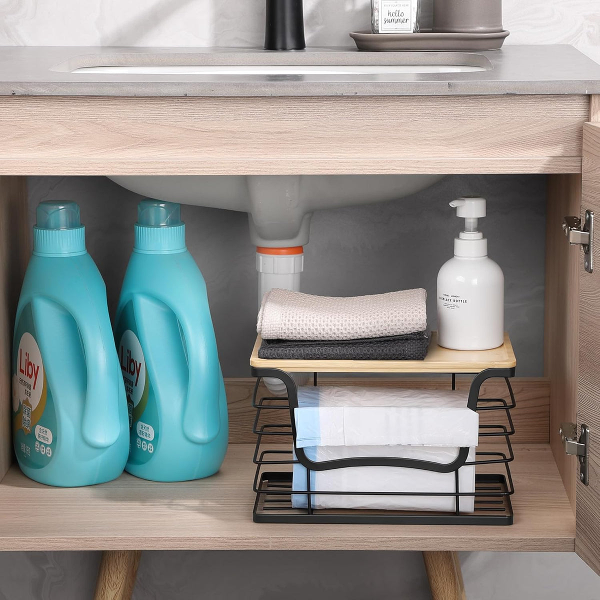 Trash Bag Dispenser Holder for Kitchen Laundry Wall Mount Stackable Garbage Bag Dispenser Roll Holder with Bamboo Top for Countertop, Under Sink
