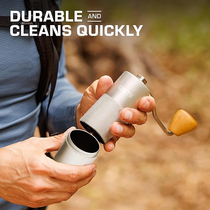 COLETTI Crag Manual Coffee Grinder — Hand Coffee Grinder — CNC Burr Precision Hand Grind, Heavy Duty for Travel, Camping, Hiking & Adventure – Includes Brush [Silver Coat]