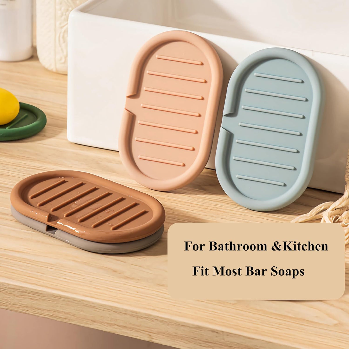 Self-Draining Oval-Shaped Silicone Soap Dish, Soap Holder/Tray/Saver for Shower, Bathroom, Kitchen, Keep Soap Dry, Easy to Clean (3, Light Color)
