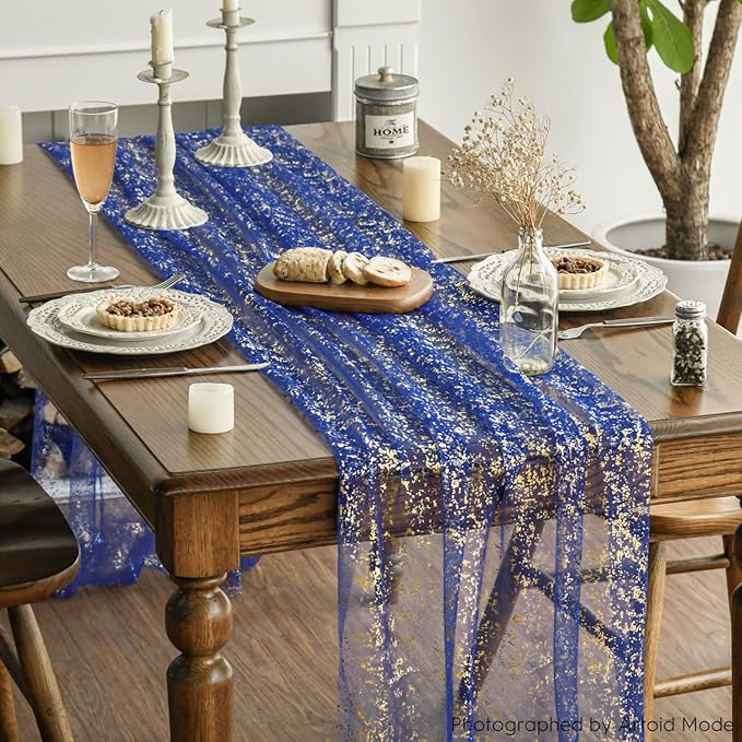 Artoid Mode Blue Gold Gauze Table Runner 120 Inch 10FT, Glitter Metallic Foil Sheer Dining Wedding Anniversary Holiday Table Decor for Home Party