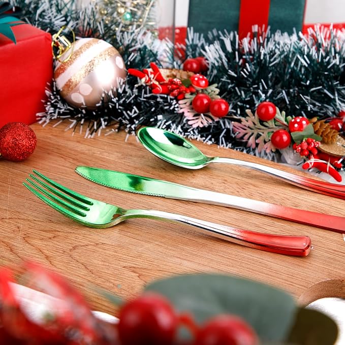 LIYH 120 Pcs Christmas Plastic Silverware - Green and Red Plastic Silverware for Xmas, Gold Cutlery Disposable for Christmas Day Holiday, Gathering