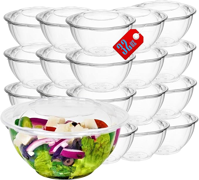 Mr Miracle Clear 32 Ounce Plastic Salad Bowls with Snap-On Lids. Pack 50. Airtight Disposable Salad Containers for Lunch, Meal Prep, Parties. Ideal as Disposable Salad Bowls with Lids