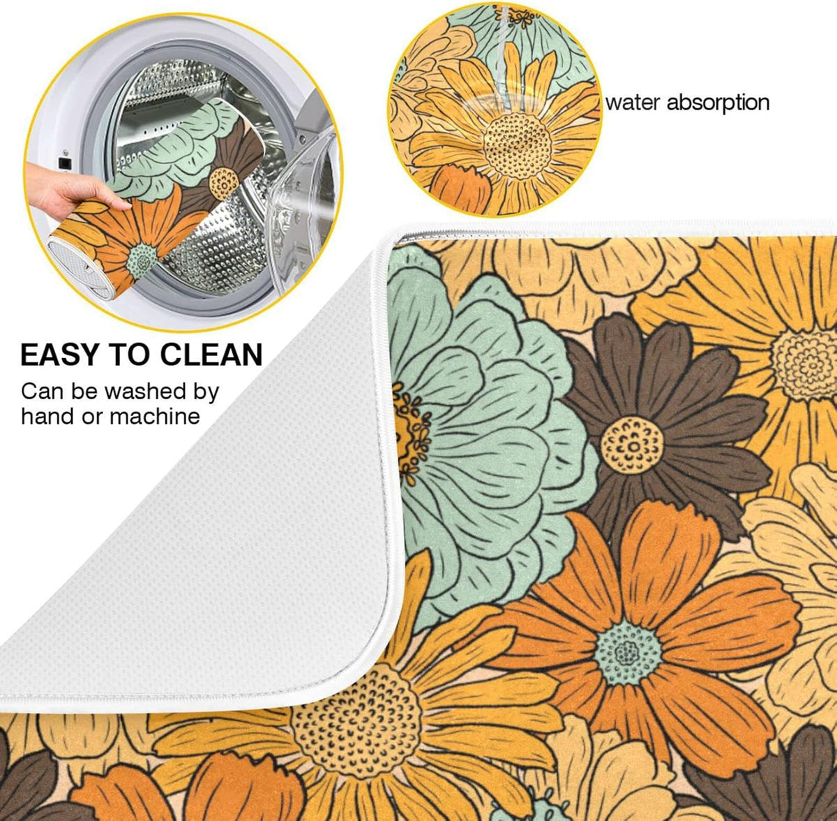 senya Super Absorbent Dish Drying Mat, Microfiber Fast-Drying 16'' x 18'', Kitchen Pad, Retro Flower Daisy