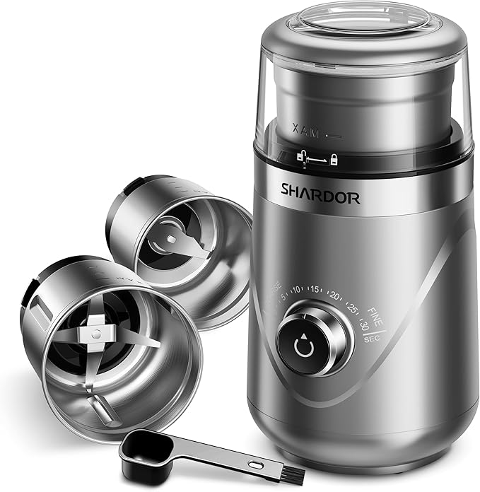SHARDOR Electric Super Silent Blade Coffee Grinder, Timed Grind Control Rotary Knob, Adjustable Coarse to Fine for Coffee Beans, Spices & Herbs, with 2 Removable Stainless Steel Bowl, Sliver